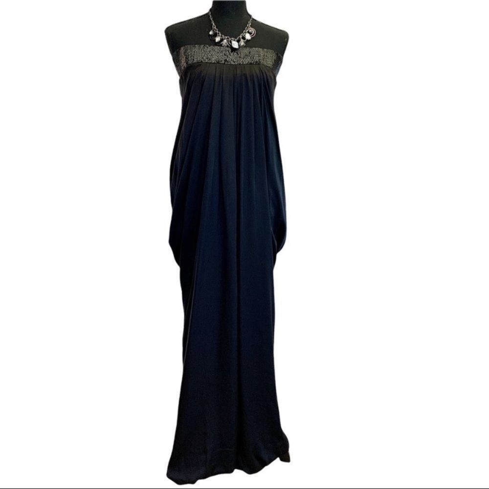 BEBE Black Silk Beaded Trim Formal Ruched Back Strapless Long maxi Dress size S
